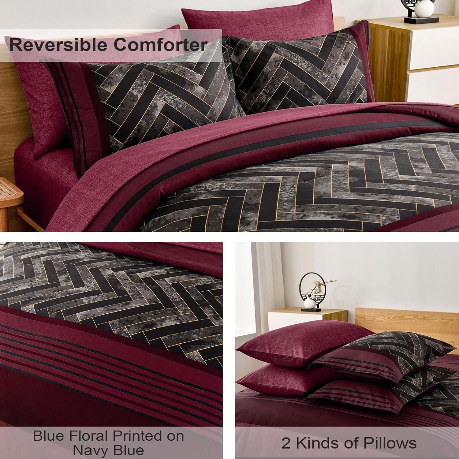 Luxudecor Burgundy Comforter Set Queen Size 7 Pieces Red and Black Stripe Bed in a Bag Geometric Comforter and Sheet Set, Soft Microfiber Complete Bedding Sets for All Seasons - Image 4