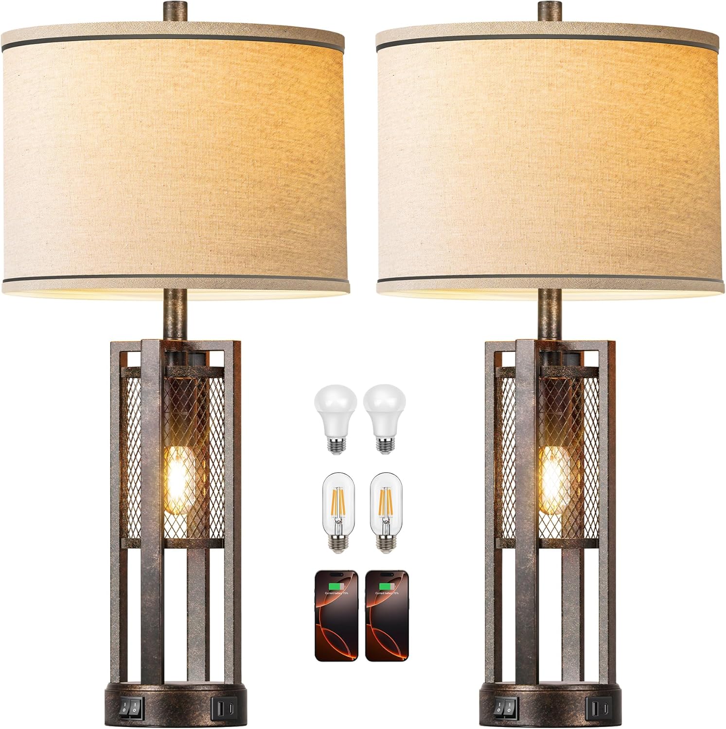 28'' Farmhouse Industrial Table Lamp Set of 2 - Rustic Bedside Nightstand Lamps with Dual USB A+C Ports, Bronze Metal Mesh Nightlight Desk Lamps for Bedroom Living Room, 4 LED Bulbs Included - Image 9
