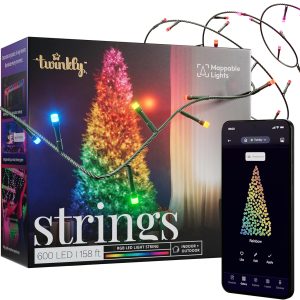 Twinkly Strings 600 LED RGB, LED Light String, Smart Multicolor LED Lights, Christmas Lights, Mappable LEDs, IP44, Green Wire, Packaging May Vary, 157.5ft