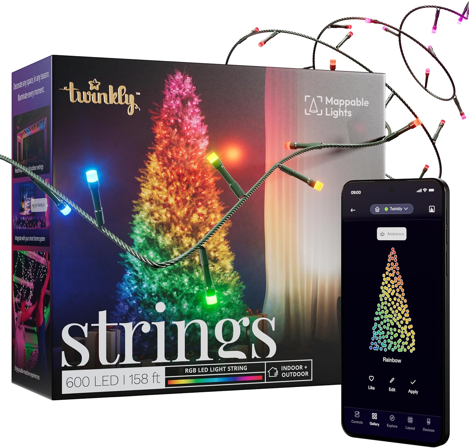 Twinkly Strings 600 LED RGB, LED Light String, Smart Multicolor LED Lights, Christmas Lights, Mappable LEDs, IP44, Green Wire, Packaging May Vary, 157.5ft