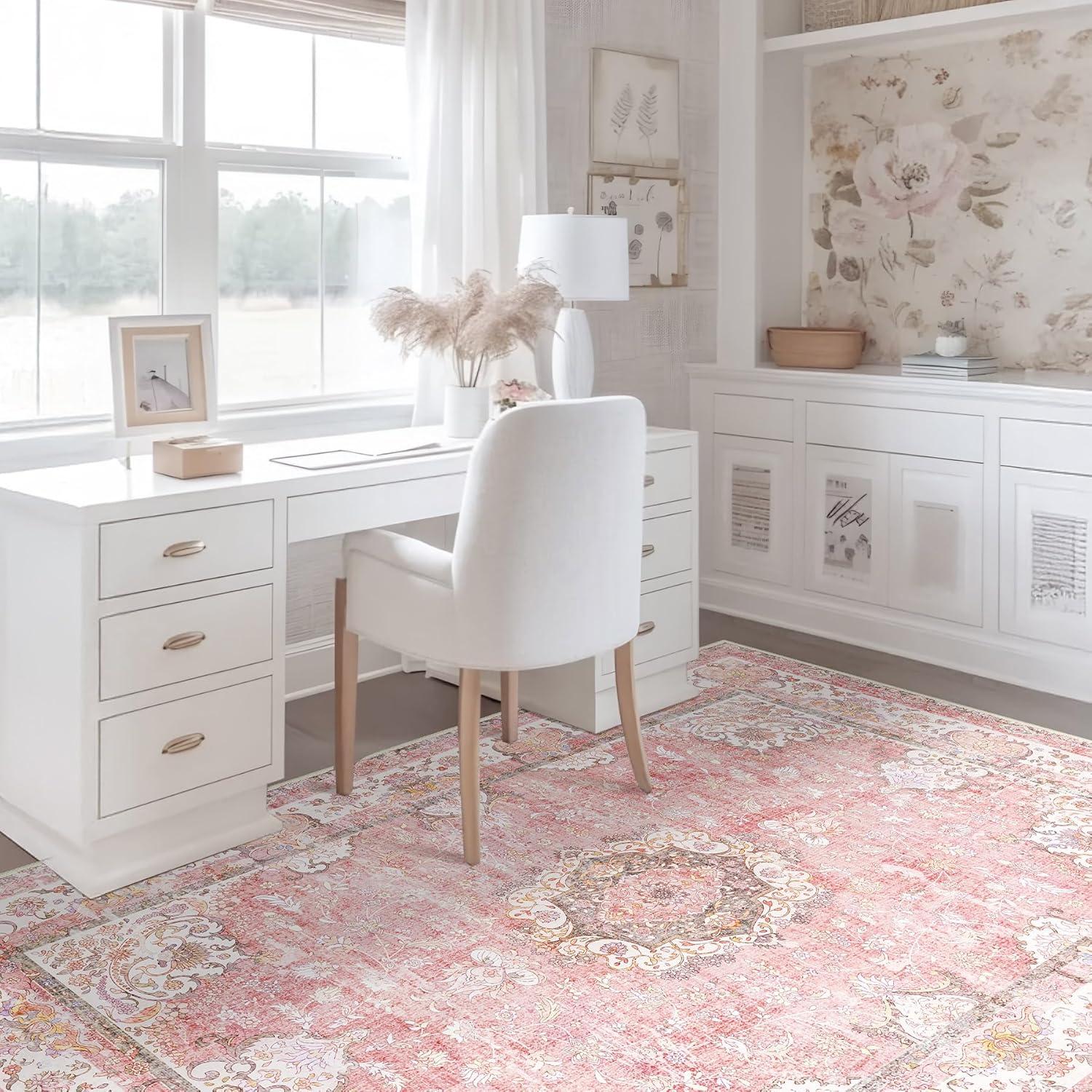 Pink Rug 3'x5',Washable Area Rugs for Bedroom Living Room Kitchen Entryway Bedside,Small Boho Vintage Bohemian Distressed Oriental Non Slip Carpet,Blush Floral Flowers - Image 4