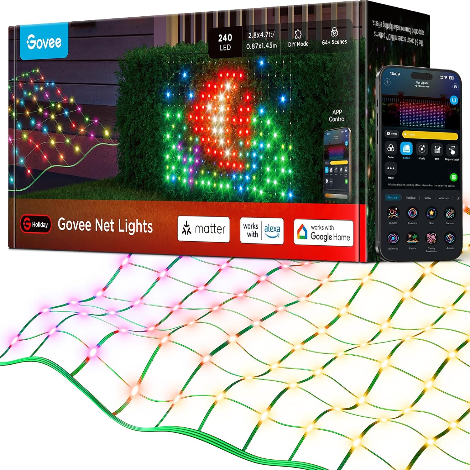 Govee Outdoor Net Lights, 2.8*4.7ft with RGBIC and DIY Functions, 240 LEDs Smart Net Lights with 64 Modes for Bush Patio Decor, Compatible with Alexa & Google Assistant, Outdoor Waterproof, Green Wire