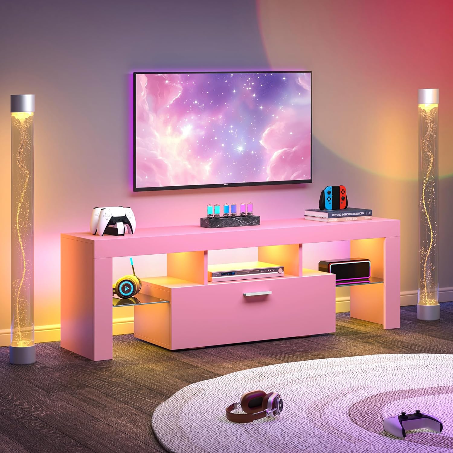 Clikuutory Modern Lighting 51 inch TV Stand with Large Storage Drawer for 32 40 50 55 Inch TVs, TV Console with 20 Color LED Lights, Entertainment Center Media and Open Shelf for Bedroom, Pink - Image 2