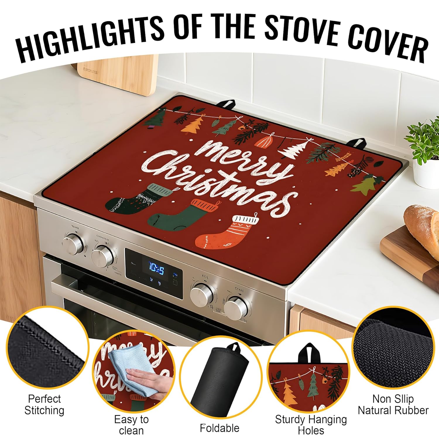 NYZE Stove Cover for Electric and Glass Stove Tops 3-in-1 Stove Mat, Heat Resistant Counter Protector Mat, Non-Slip Surface & Drying Rack (Merry Christmas, 28.5"Lx20.5"W) - Image 4
