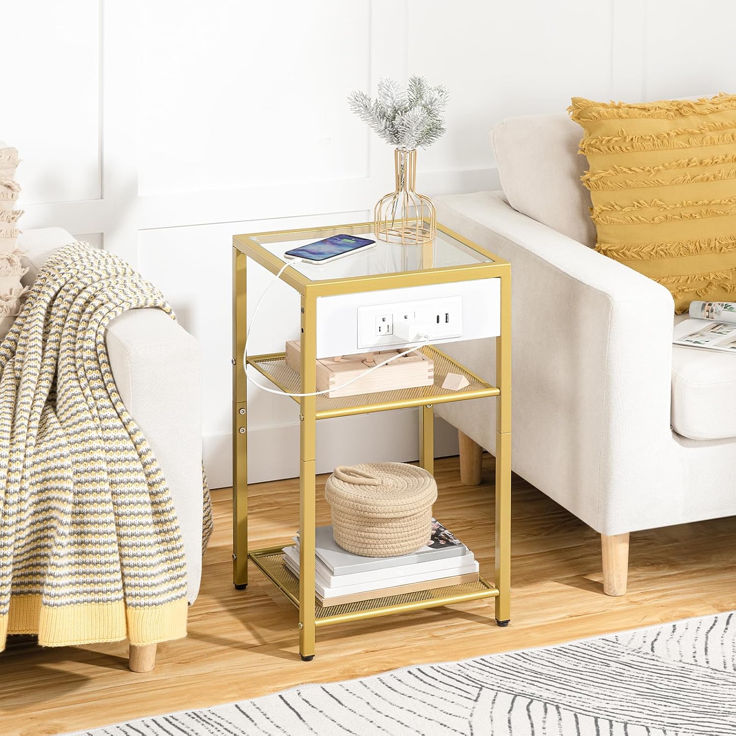 HOOBRO End Tables Set of 2 with Charging Station, Side Tables with USB Ports & Power Outlets, 3-Tier Slim Nightstands with Storage Shelves, Tempered Glass, for Living Room, Bedroom, Gold GD77UBZP201 - Image 6