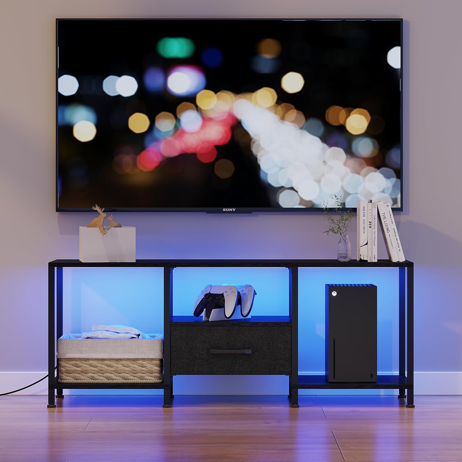 TV Stand with LED Lights, Entertainment Center with Open Shelves and Fabric Drawer, Media Console for 55 Inch TV, Television Stands for Living Room, Bedroom, Black - Image 2
