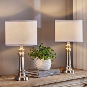 Table Lamps for Living Room, Modern Bedroom Lamps Set of 2 with Nickel Metal Base White Round Shades for Reading, Decor Silver Lamps for Night Stands, LED Bulbs Included