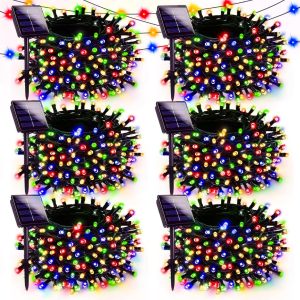 6 Pack Solar Christmas Lights Outdoor, 600 LED 198 FT Solar Powered String Lights Waterproof with Green Wire 8 Lighting Modes, Twikle Light for Xmas Tree Fence Party Yard Garden Decor, Multicolored