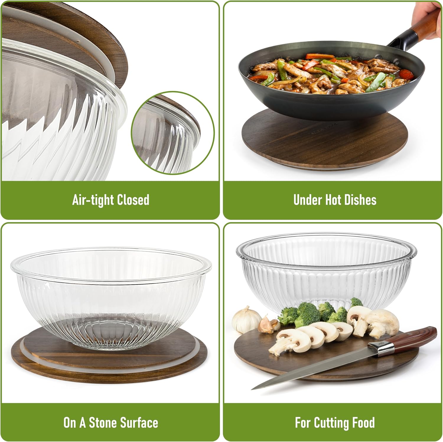 Stackable Space-Saving Set of 5 Nesting Glass Bowls with Acacia Lids for Foodprep, Storage, Mixing & Cooking - Microwave & Oven-ready BPA Free Durable Heat Resistant Inert Borosilicate Glass - Image 3