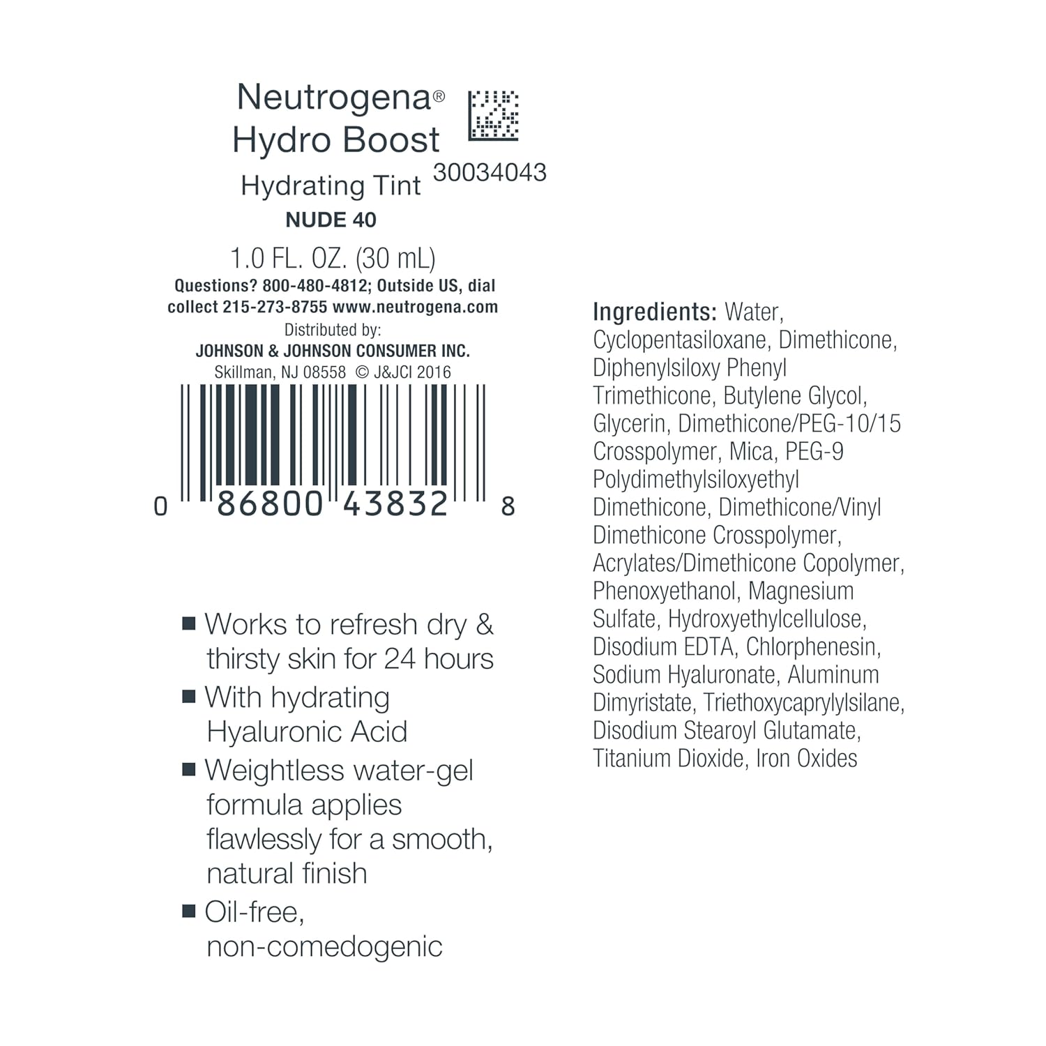 Neutrogena Hydro Boost Hydrating Tint Foundation Makeup for Dry Skin, with Hyaluronic Acid, Lightweight Oil-Free Water Gel, Non-Comedogenic, 40 Nude Color, 1.0 fl. oz - Image 9