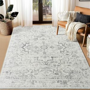 Distressed Farmhouse 5x7 Area Rugs for Living Room Bedroom Non Slip Washable, Medallion Pattern Printed Low Pile Thin Carpet Rugs for Dining Room/Kitchen/Home Office, Off White/Grey