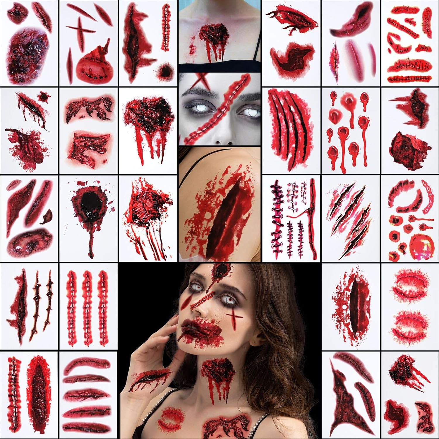 YGDZ Halloween Face Tattoos, Zombie Makeup Kit Fake Scars for Halloween Costume Makeup, Fake Wound Realistic Blood Cuts, Stitch Temporary Tattoos, Halloween Face Stickers for Kids, Adults