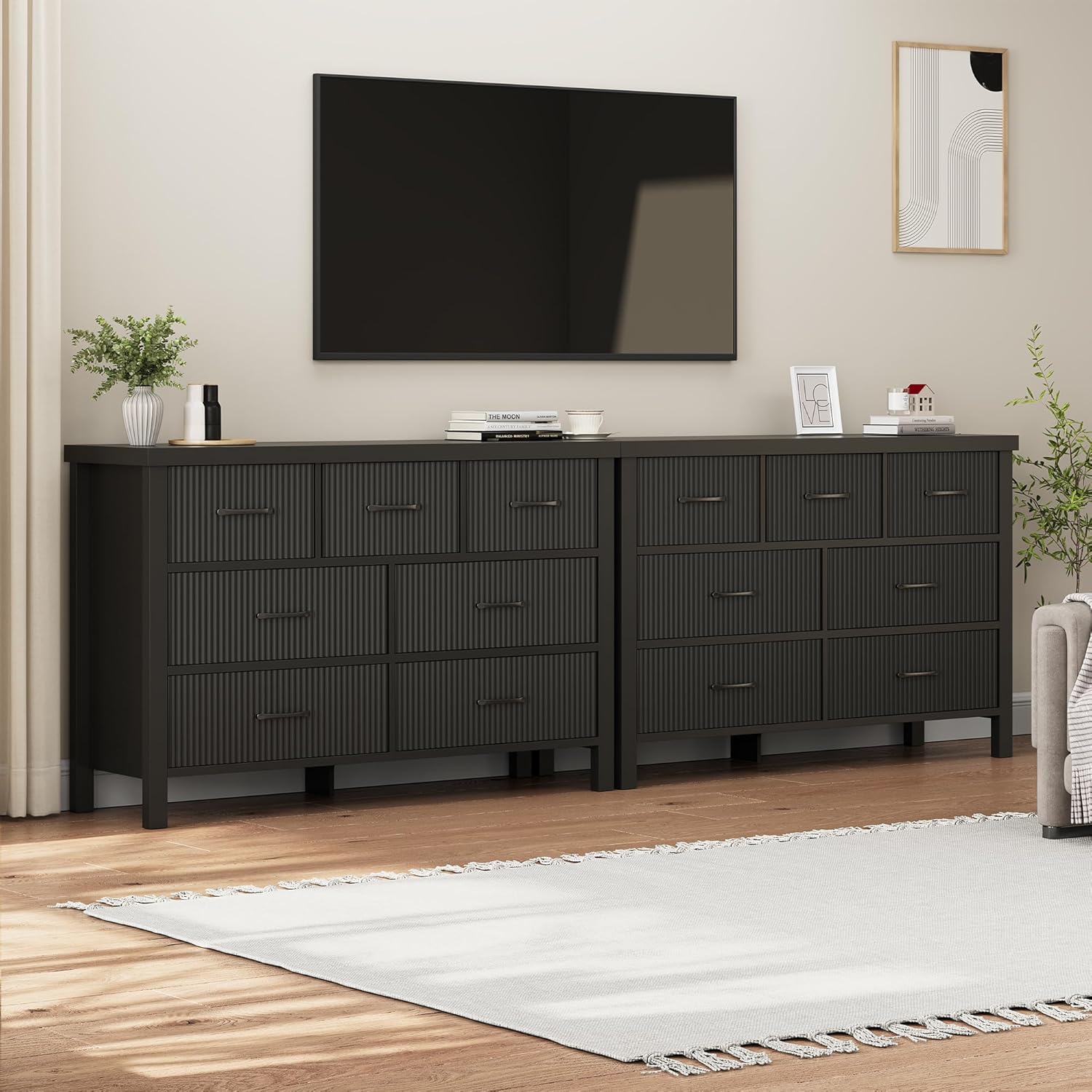 Fluted 7 Drawers Dresser for Bedroom, Modern Chest of Drawers with Metal Handle, Wood Dresser TV Stand, Wooden Closet Clothes Storage Organizer for Living Room, Hallway (Black) - Image 8