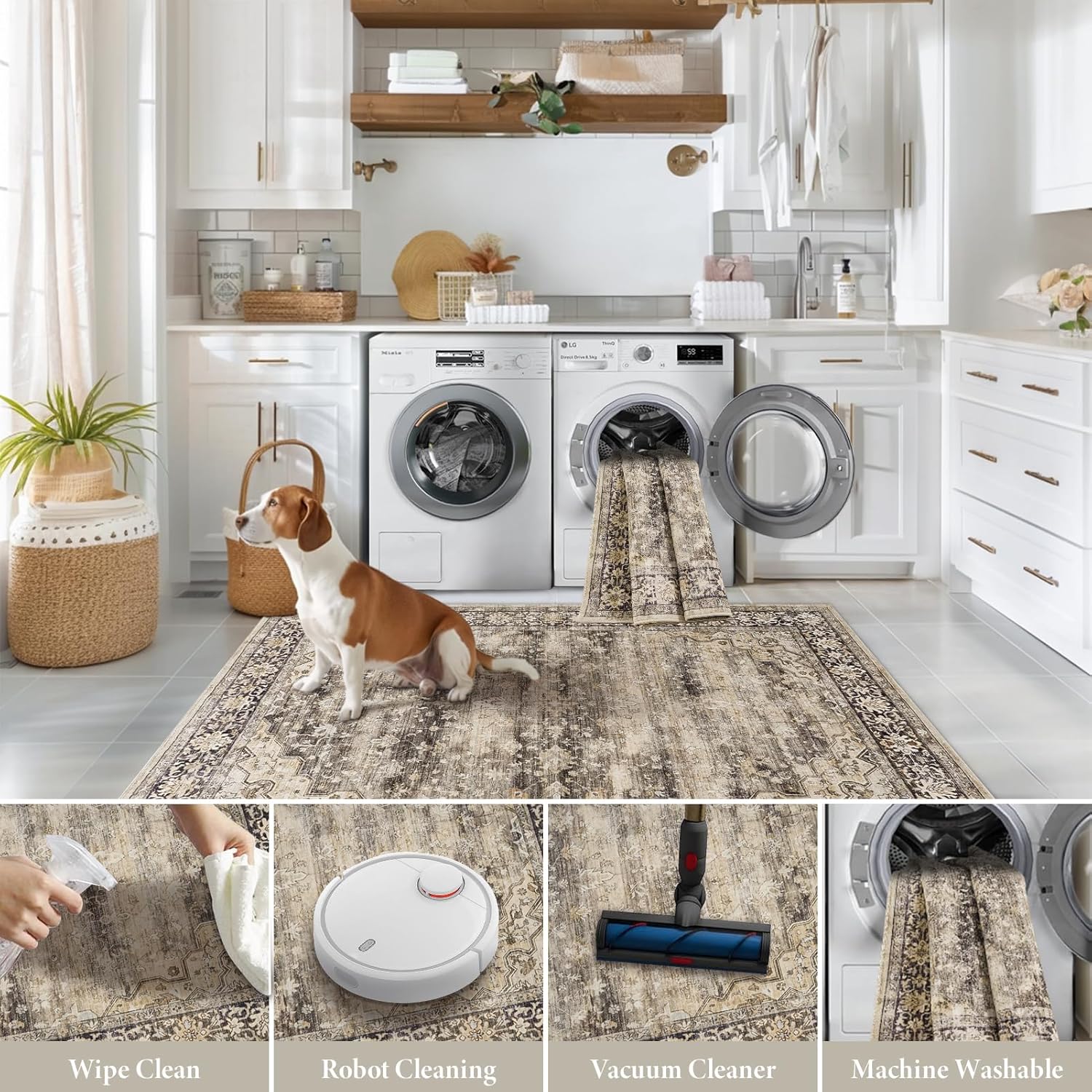 Gray Brown 5x7 Area Rugs for Living Room Washable Low Pile Soft Faux Fur Vintage Boho Carpet Rug Non Slip Sound Absorbing Geometric Floral Rug for Bedroom Office Patio Dining Room Kids Room,Hazel - Image 6