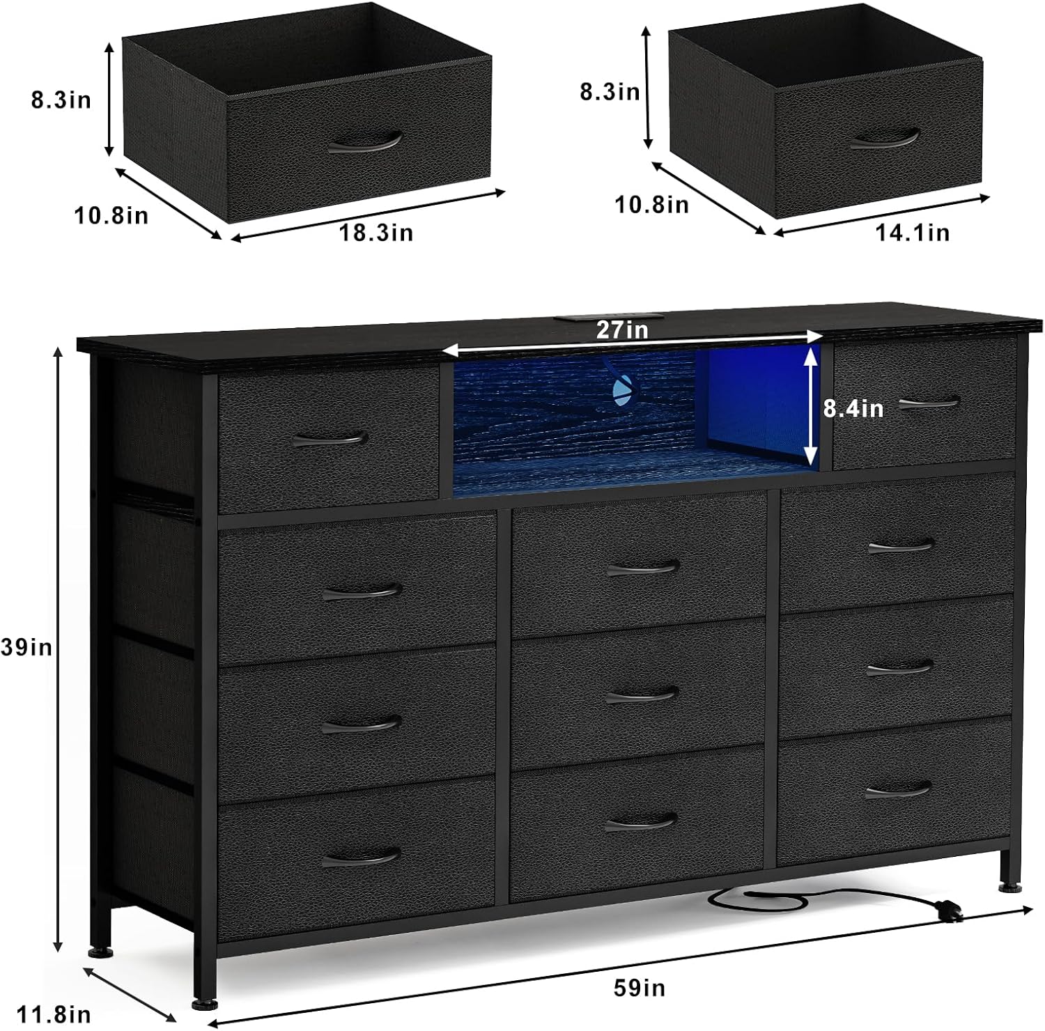 YGEOMER 59in Long Black Dresser for Bedroom TV Stand with Charging Station and LED Lights, Black Dresser with 11 Drawers, Fabric Chest of Drawers with PU Finish for Bedroom, Entryway - Image 3