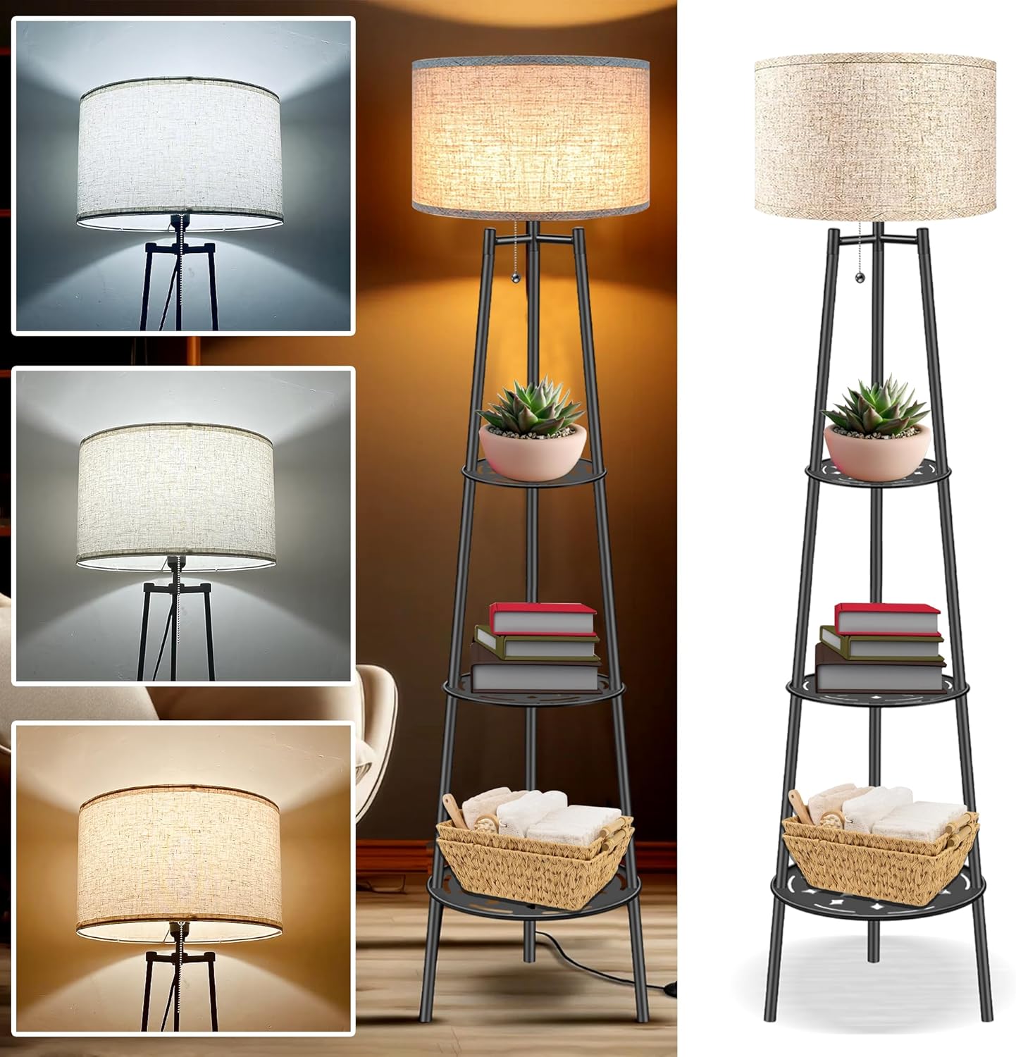 Floor Lamp with Shelves, Modern Standing Lamp with 3 Color Temperature LED Bulbs, Corner Floor Lamps for Living Room & Bedroom, Lamparas Elegantes para Sala (Beige Lampshade, 1)