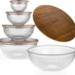Stackable Space-Saving Set of 5 Nesting Glass Bowls with Acacia Lids for Foodprep, Storage, Mixing & Cooking - Microwave & Oven-ready BPA Free Durable Heat Resistant Inert Borosilicate Glass