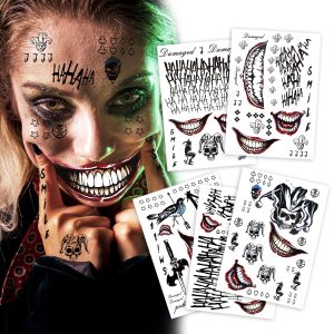 5 Sheets Cosplay Clown Prince JOKAR Temporary Tattoos – Large Tattoo Stickers for Men, Women, and Kids – Evil Smile and Jester-themed Fake Tattoos for Cosplay, Halloween, and Parties – 8.2 x 11.6 Inch