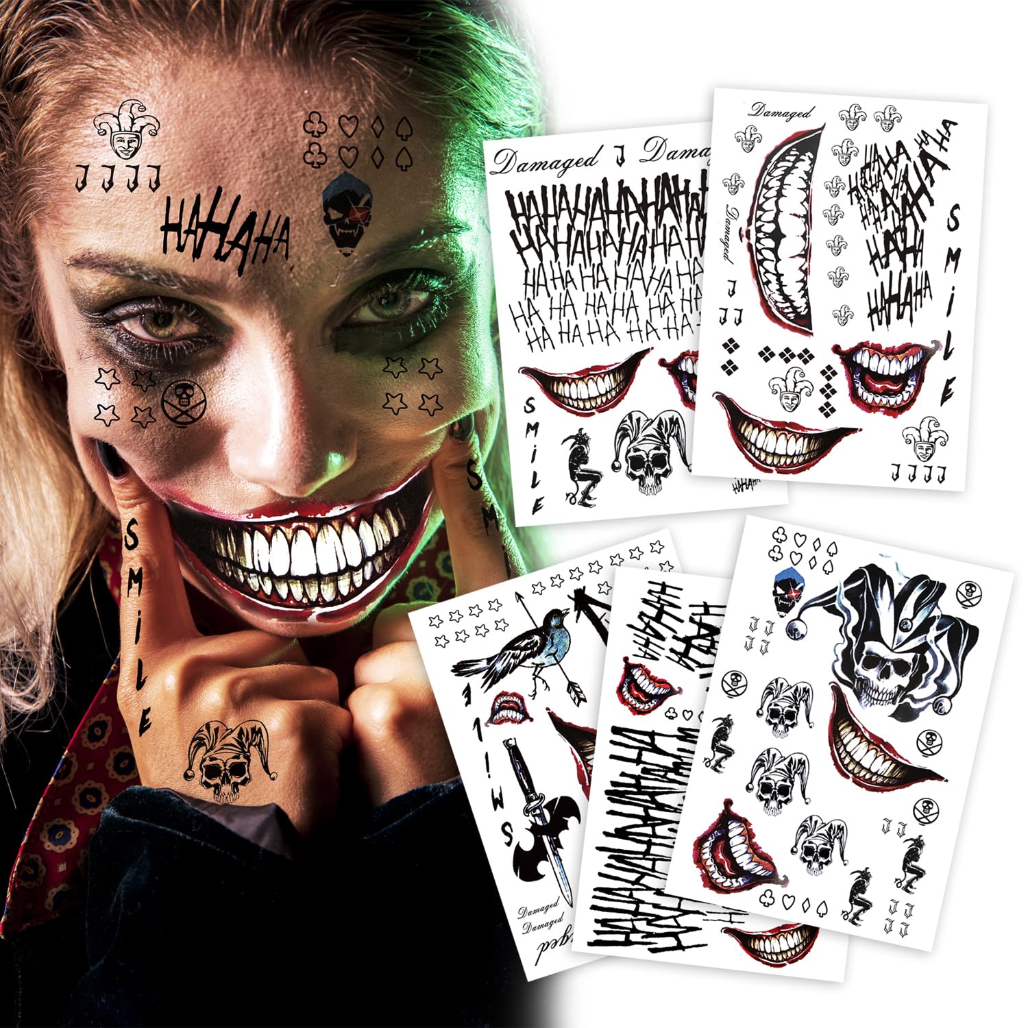 5 Sheets Cosplay Clown Prince JOKAR Temporary Tattoos – Large Tattoo Stickers for Men, Women, and Kids – Evil Smile and Jester-themed Fake Tattoos for Cosplay, Halloween, and Parties – 8.2 x 11.6 Inch