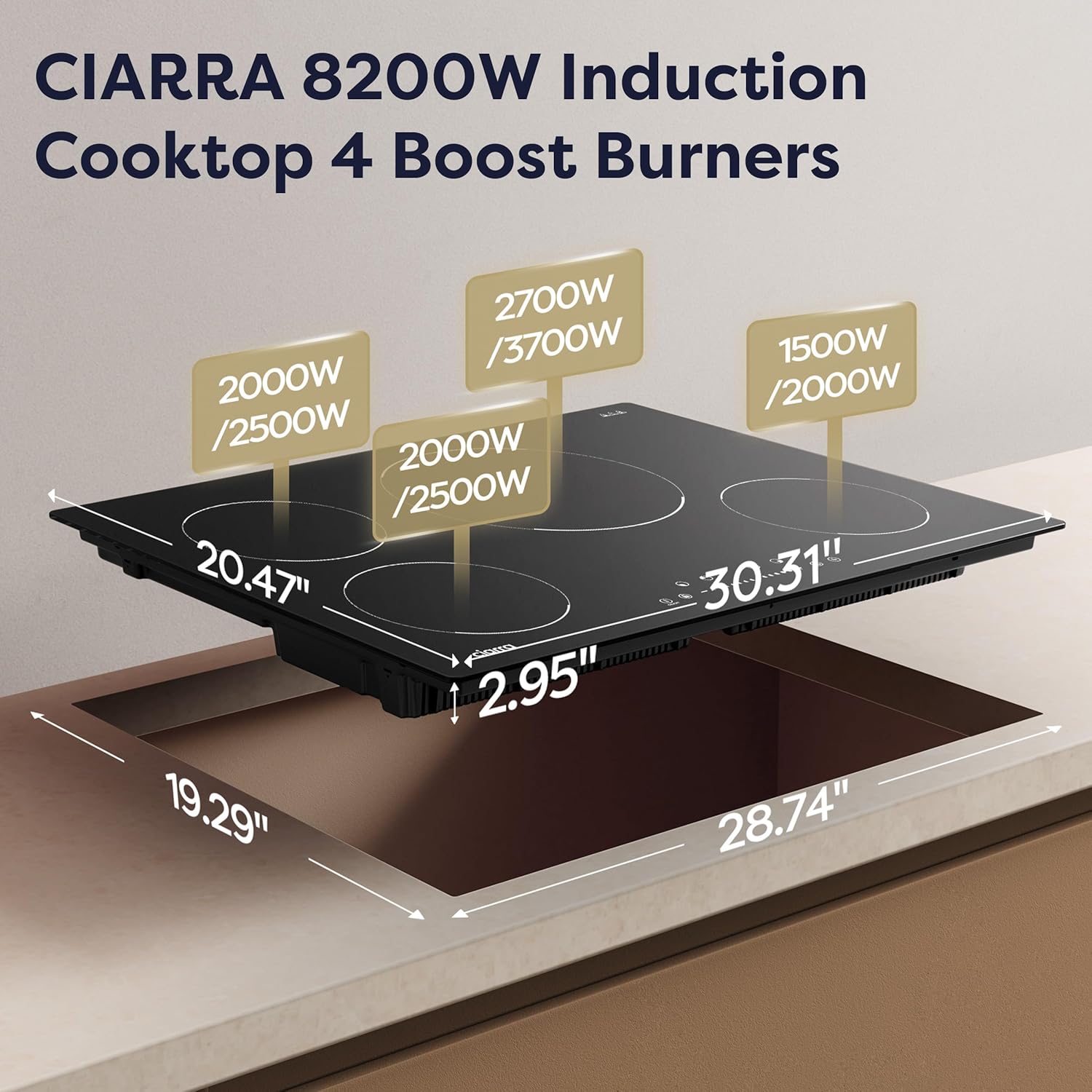 CIARRA 30 inch Induction Cooktop 4 Burners, 8200W Built-in Induction Stovetop with Booster, Timer & Safety Lock - Image 3