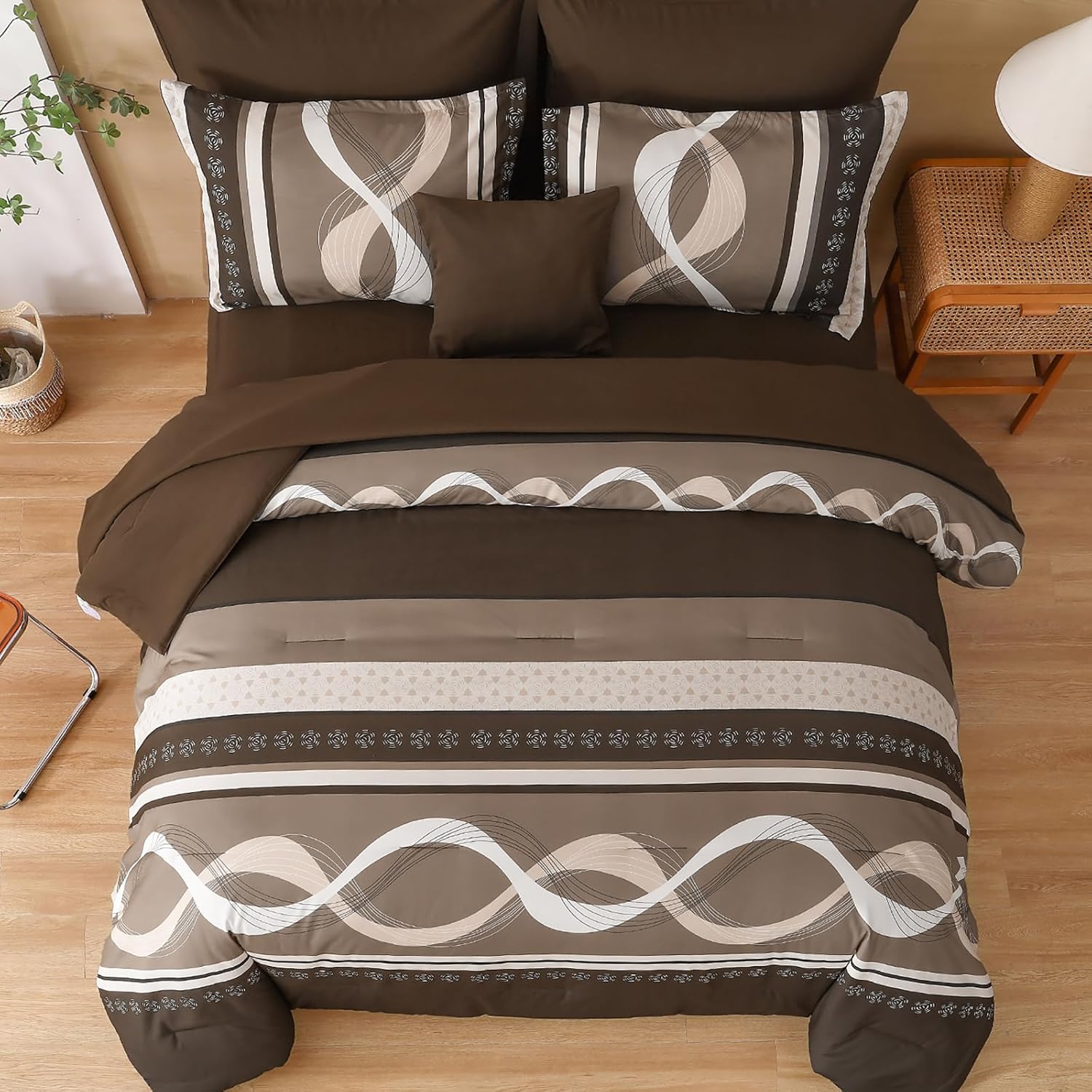 Brown Comforter Set King Size, 8 Pieces Bed in a Bag Patchwork Striped Comforter Set, Soft Microfiber Boho Bedding Set for All Season(90"×104") - Image 3