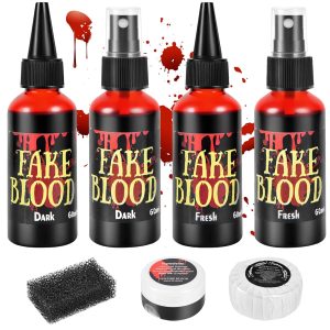7 PCS Halloween Fake Blood Spray Makeup Kit - Fake Blood 2.1oz X4 + Coagulated Blood Gel 1.41oz + Soap + Sponge, Washable Blood Paint for Clothes SFX Makeup Vampire Accessories, Dark & Fresh