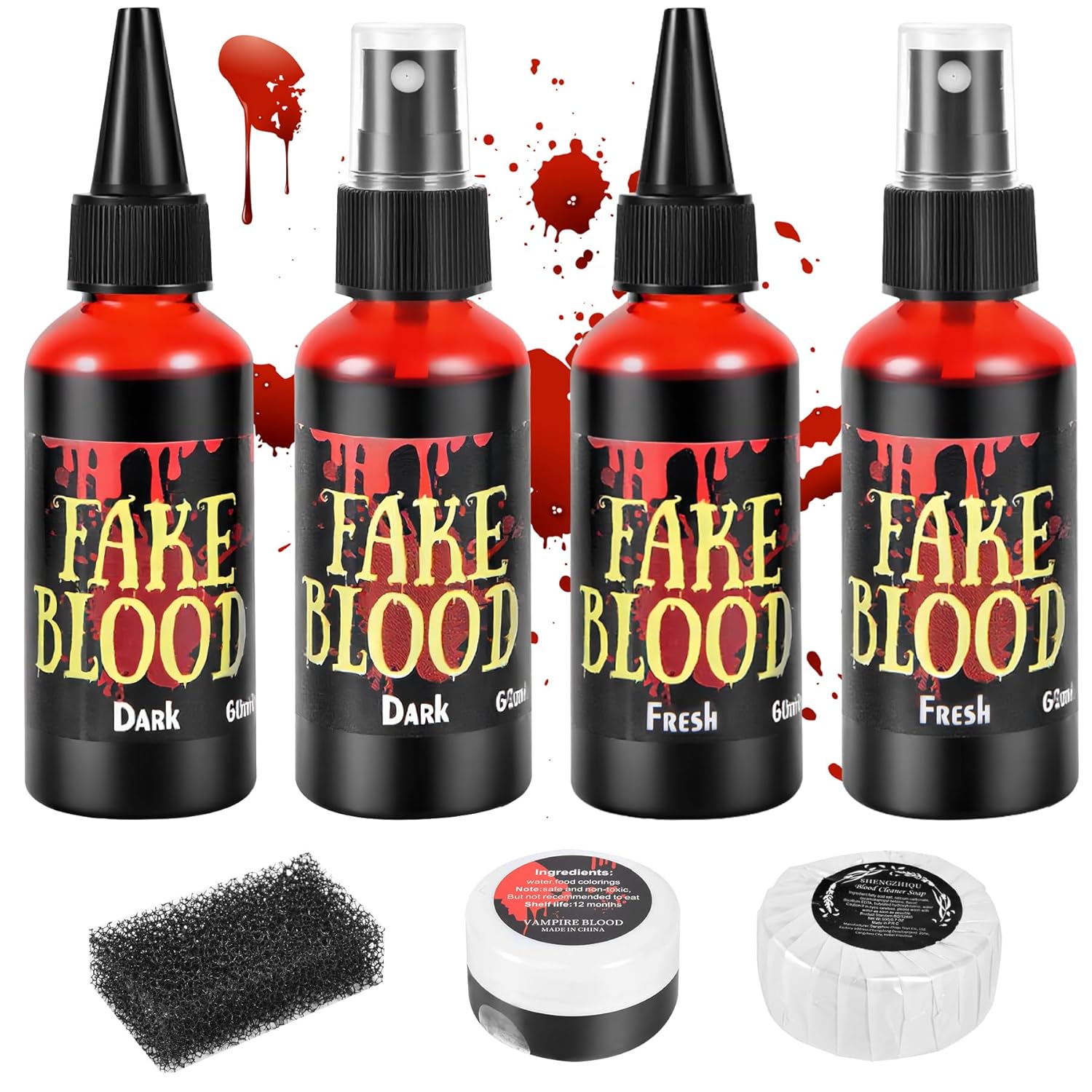 7 PCS Halloween Fake Blood Spray Makeup Kit - Fake Blood 2.1oz X4 + Coagulated Blood Gel 1.41oz + Soap + Sponge, Washable Blood Paint for Clothes SFX Makeup Vampire Accessories, Dark & Fresh