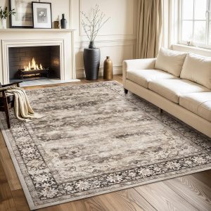 Gray Brown 5x7 Area Rugs for Living Room Washable Low Pile Soft Faux Fur Vintage Boho Carpet Rug Non Slip Sound Absorbing Geometric Floral Rug for Bedroom Office Patio Dining Room Kids Room,Hazel