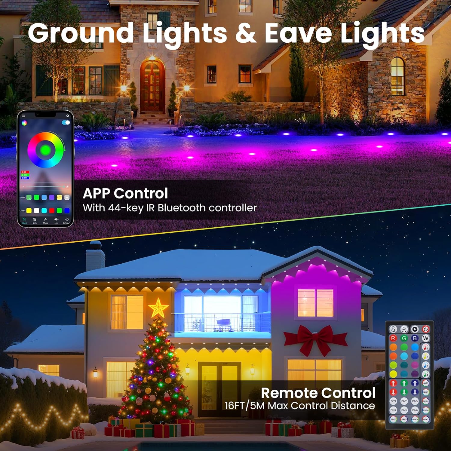 Permanent Outdoor Lights for House,50 FT Outdoor Ground Lights with RGB Color Changing, Bluetooth Music Sync, IP67 Waterproof, Timer, 44 Key Remote & App Control for Eaves and Landscape Lighting - Image 2