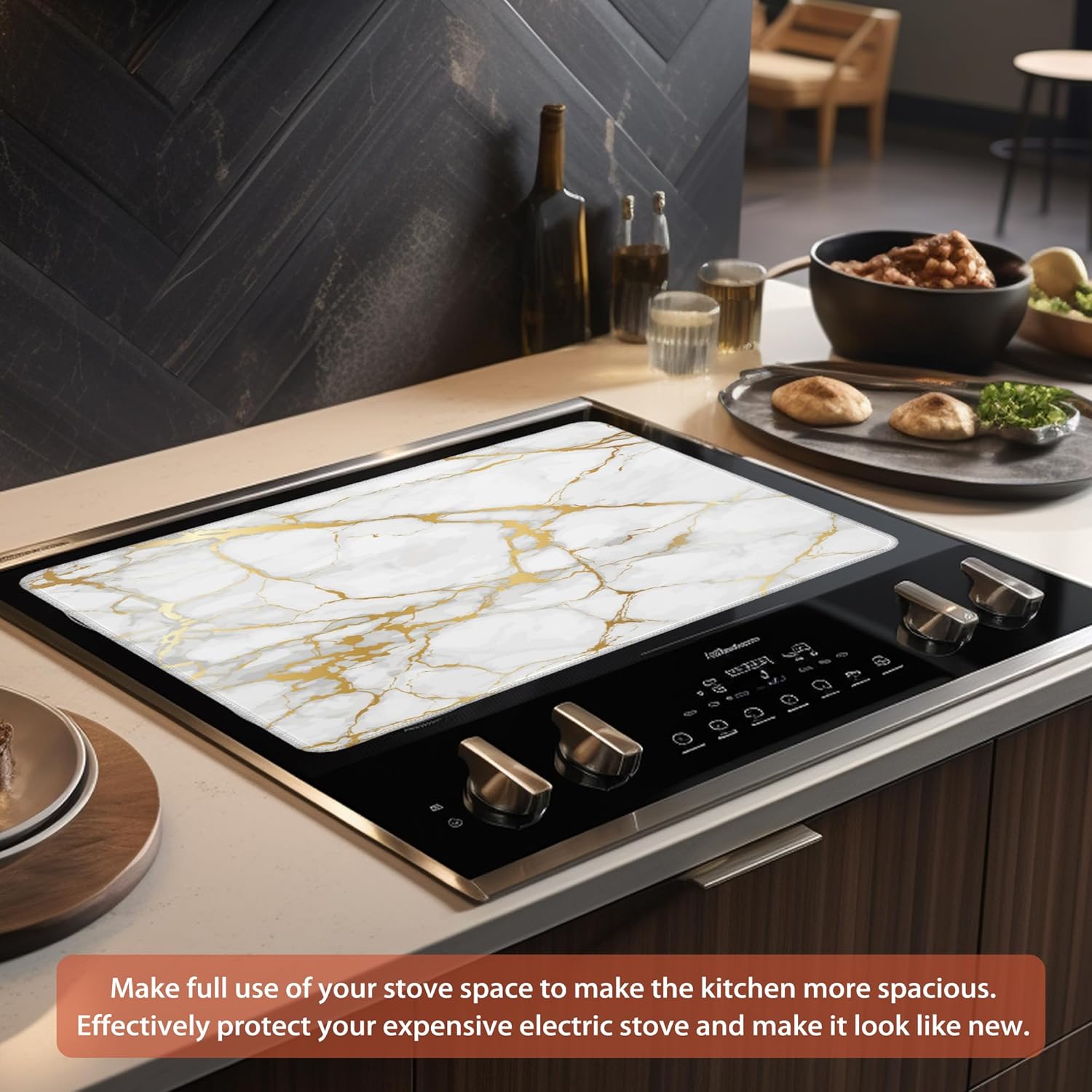 White Gold Stove Top Covers for Electric Stove,Abstract Marble Glass Cooktop Cover Protector,Anti-Slip Heat Resistant Range Cooktop Cover Mat 28"x19.5" - Image 6