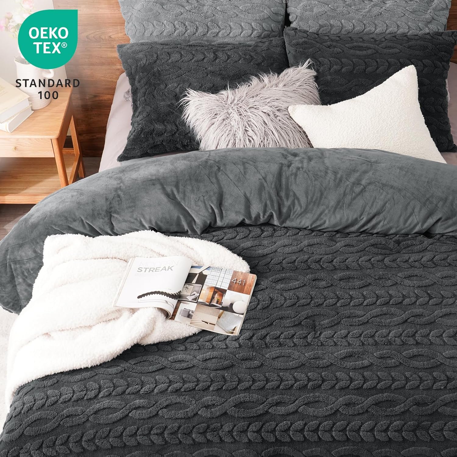 PHF Fluffy Sherpa Fleece Queen Comforter Set, 3 Pieces Warm Fuzzy Soft Bedding for Winter, 3D Tufted Flannel Plush Shaggy Bed Set, 1 Comforter (90"x90") and 2 Pillowcases (20"x26"), Dark Grey - Image 5