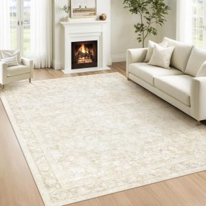 5x7 Area Rugs for Living Room: Washable Vintage Floral Rug Low Pile Non-Slip Boho Carpet for Bedroom Nursery Dining Room (Beige, 5'x7')
