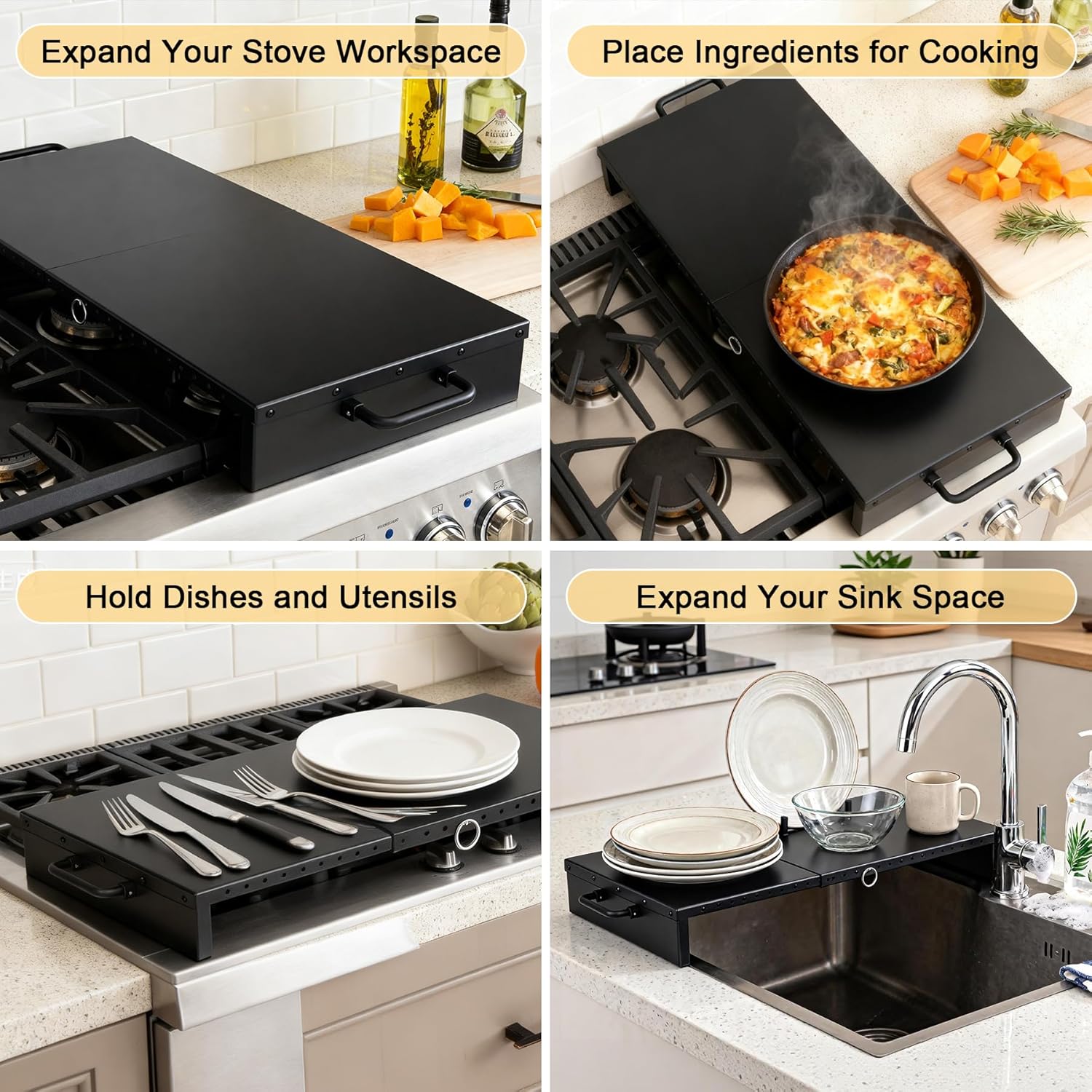 Adjustable Stove Top Cover for Gas Stoves, Electric Ranges & Kitchen Sinks, Extendable Gas Cooktop Burner Covers (15.75" - 28.74"L x 11.81"W x 3.15"H) for Extra Countertop Space, RV Stovetop, Steel - Image 2