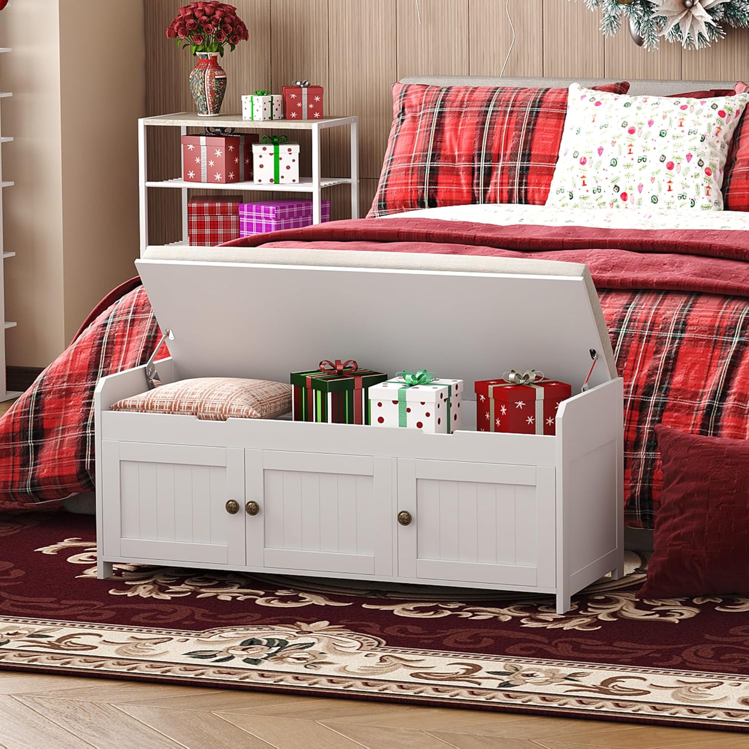 HOMEFORT 41.3" Shoe Bench with Lift Top Storage, Entryway Bench with Cushioned Seat, Wooden End of Bed Bench, Shoe Cabinet Bench with Hidden Storage Space, for Bedroom, Hallway,White - Image 4