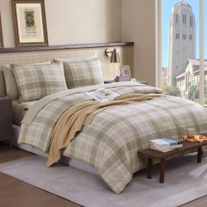 Twin XL Comforter Set, Khaki Green Plaid Bedding Set 5 Piece for Boys Girls Teen, Classic Homestead-Style Kids Comforter Set Bed in A Bag with Sheets, Pillowcase & Sham