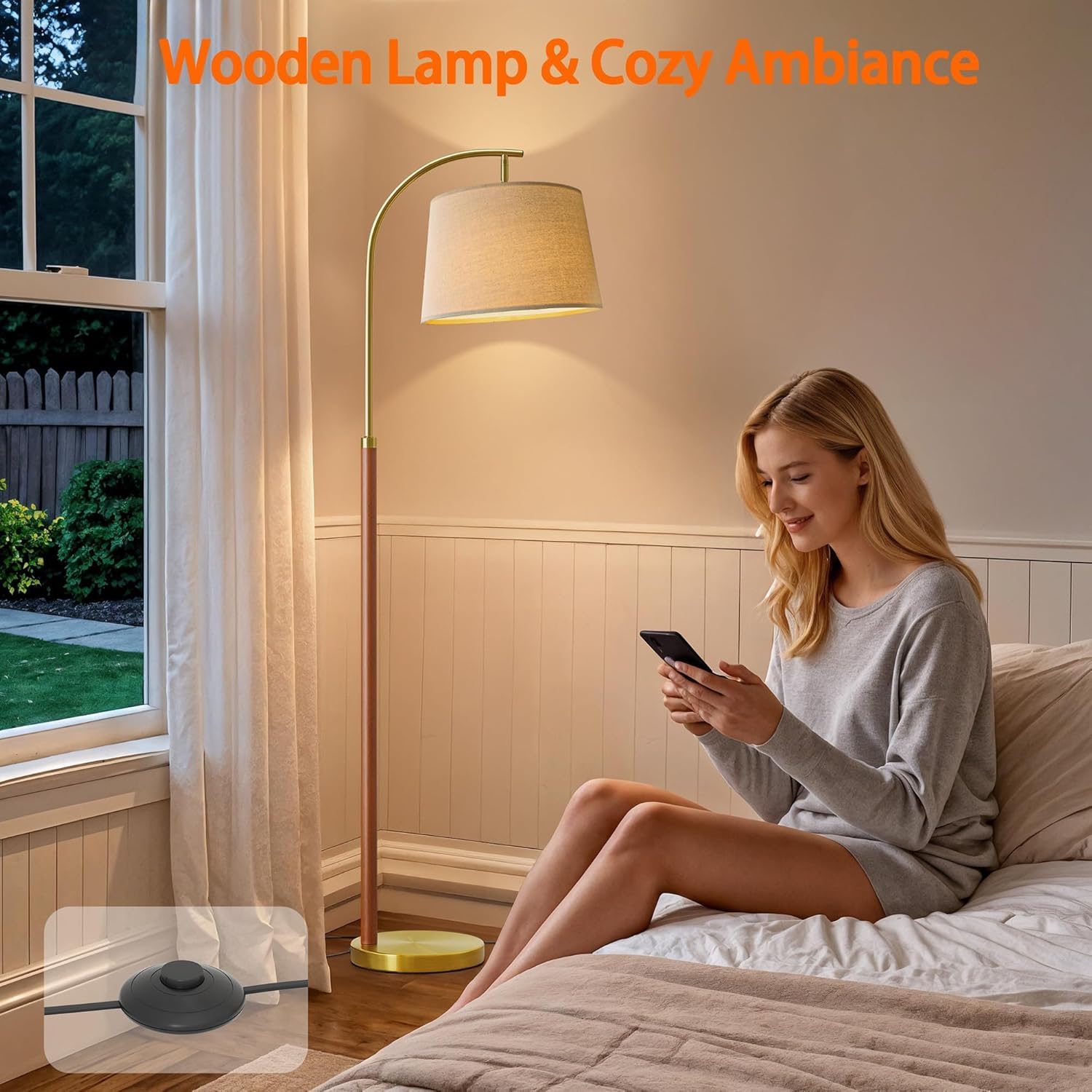 62.5" Wood Floor Lamp for Living Room Gold with Foot Switch Arc Standing Tall Lamps for Bedroom Mid Century Modern Corner Floor Lamps for Office Nursery Industrial Reading Light Room Lamp - Image 5