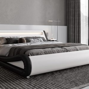 Allewie Queen Size LED Platform Bed Frame with Adjustable Headboard/No Box Spring Need/Easy Assembly/Faux Leather in White and Black