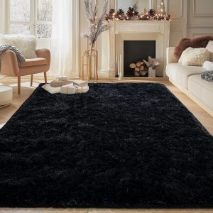 Black Fluffy Rugs for Bedroom Living Room, 4x5.9 Feet Soft Shag Bedside Rug, Cozy Fuzzy Indoor Floor Carpet for Nursery Kids Room Dorm Home Decor Aesthetic, Upgrade Non-Slip