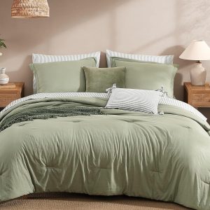 Monbix Queen Comforter Set - 7 Pieces Olive Green Prewashed Bed in a Bag Queen Bedding Sets with Comforters, All Seasons Ultra Soft Comforter Bed Set with Sheets,Pillowcases & Shams