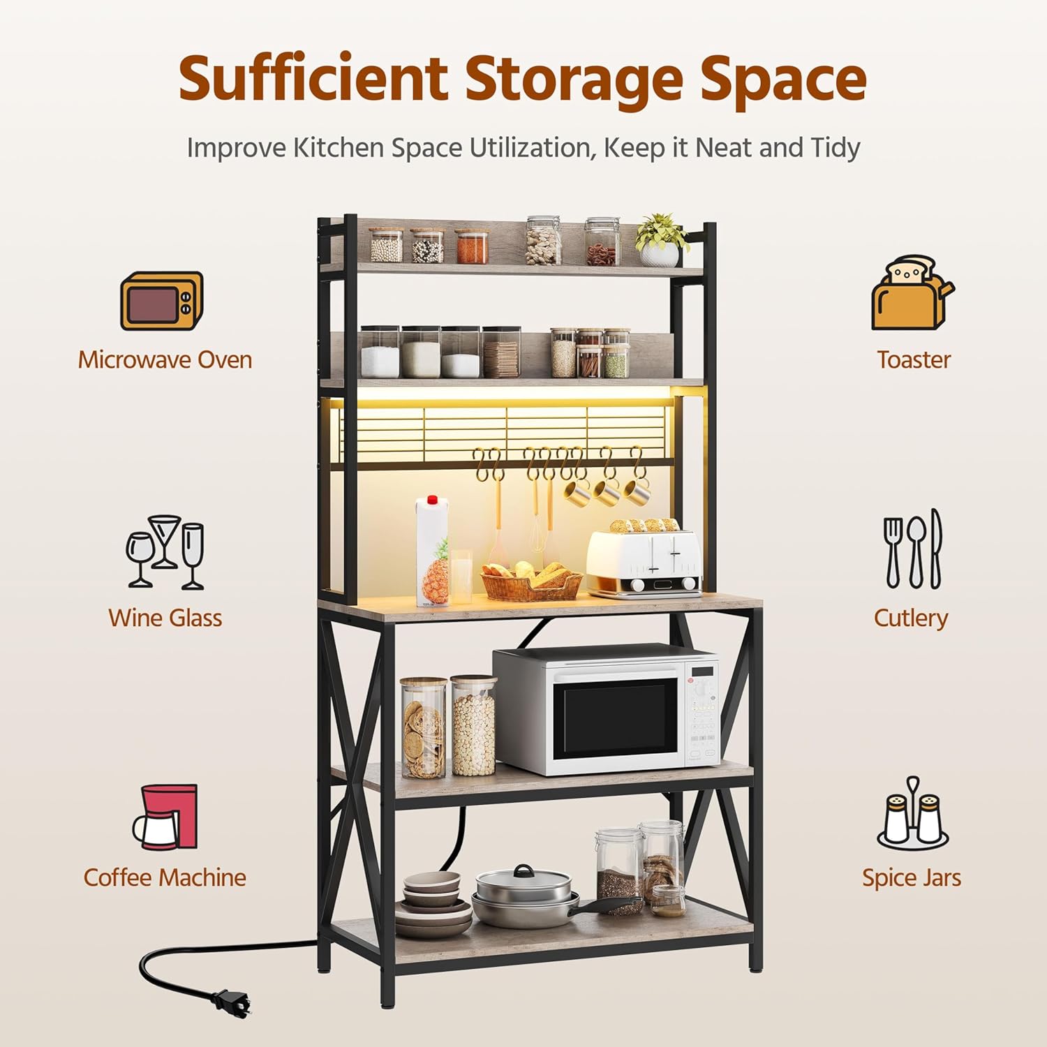 Yaheetech Kitchen Bakers Rack with Power Outlet & LED Lights, 5 Tiers Coffee Bar Table with 8 S Hooks, 64 Inches Tall Microwave Oven Stand with Storage for Spices, Pots, Gray - Image 9