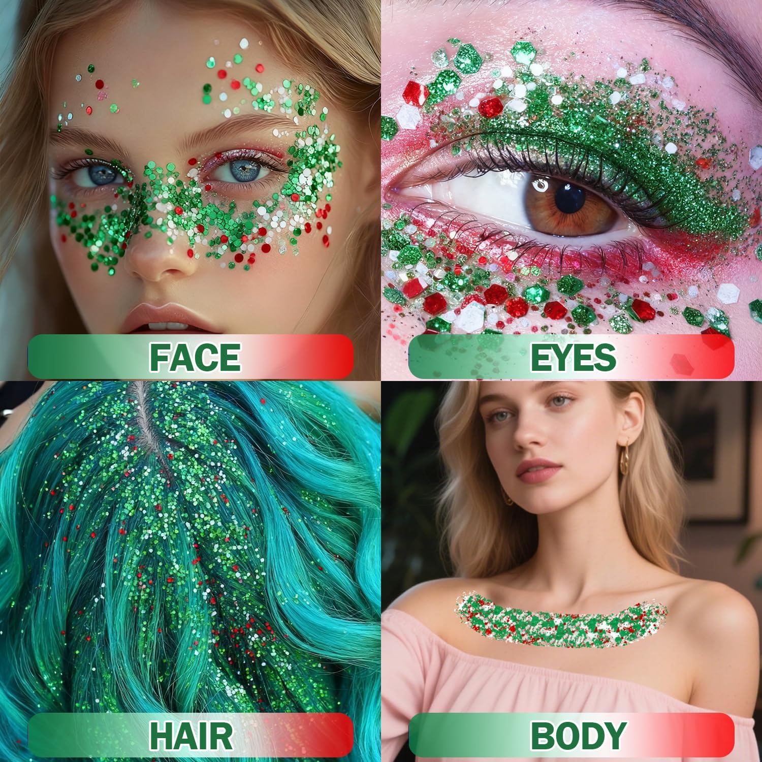Christmas Body Glitter Stick, Red Green and White Face Glitter Accessories, Waterproof Face Hair Glitter Makeup, Christmas Glitter Makeup for Kids and Women - Image 3