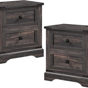 T4TREAM 24" Farmhouse Nightstand with Charging Station Set of 2, Large End Table with 2 Storage Drawers, Rustic Wood Sofa Bedside Table for Bedroom, Dark Rustic Oak