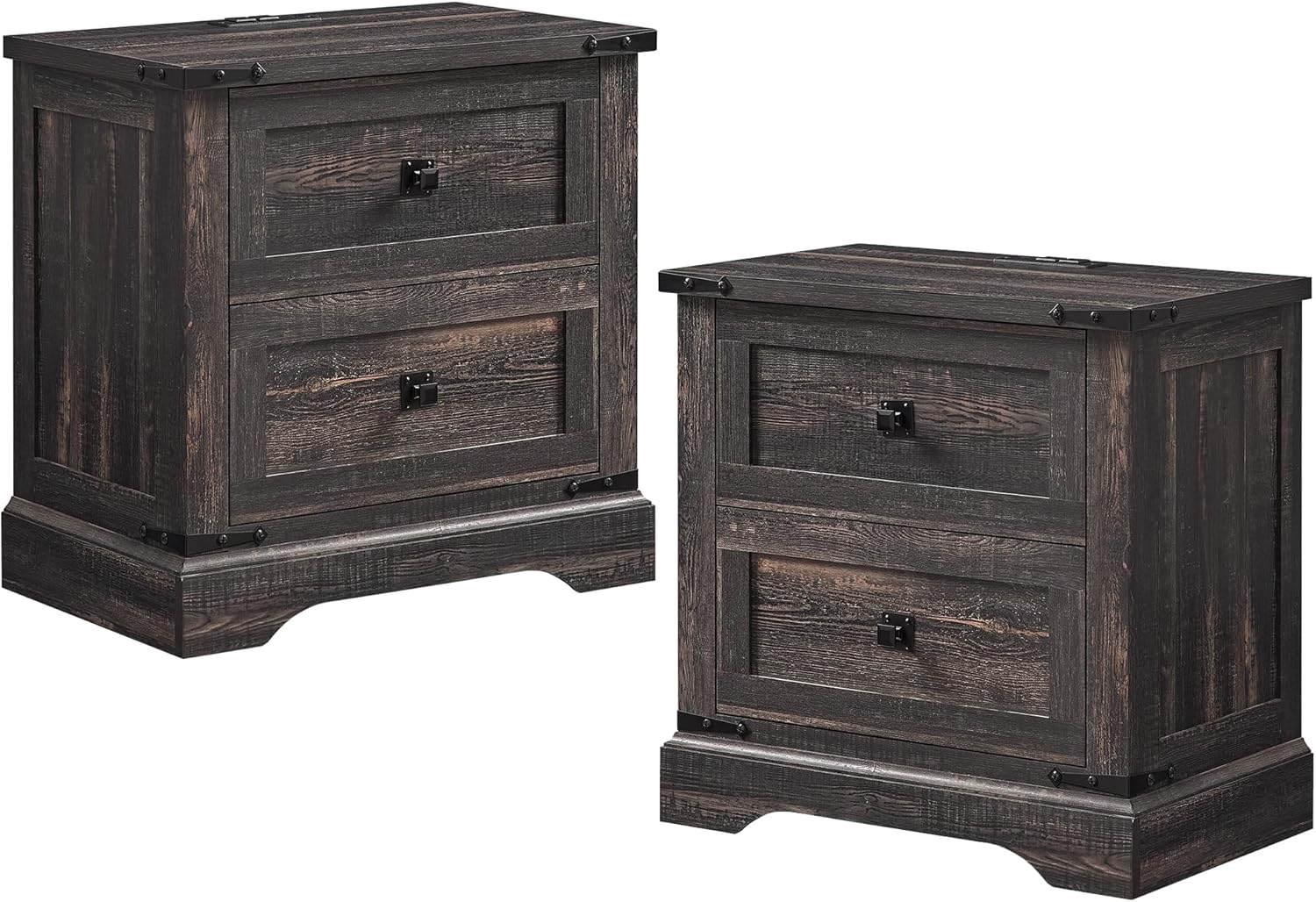 T4TREAM 24″ Farmhouse Nightstand with Charging Station Set of 2, Large End Table with 2 Storage Drawers, Rustic Wood Sofa Bedside Table for Bedroom, Dark Rustic Oak