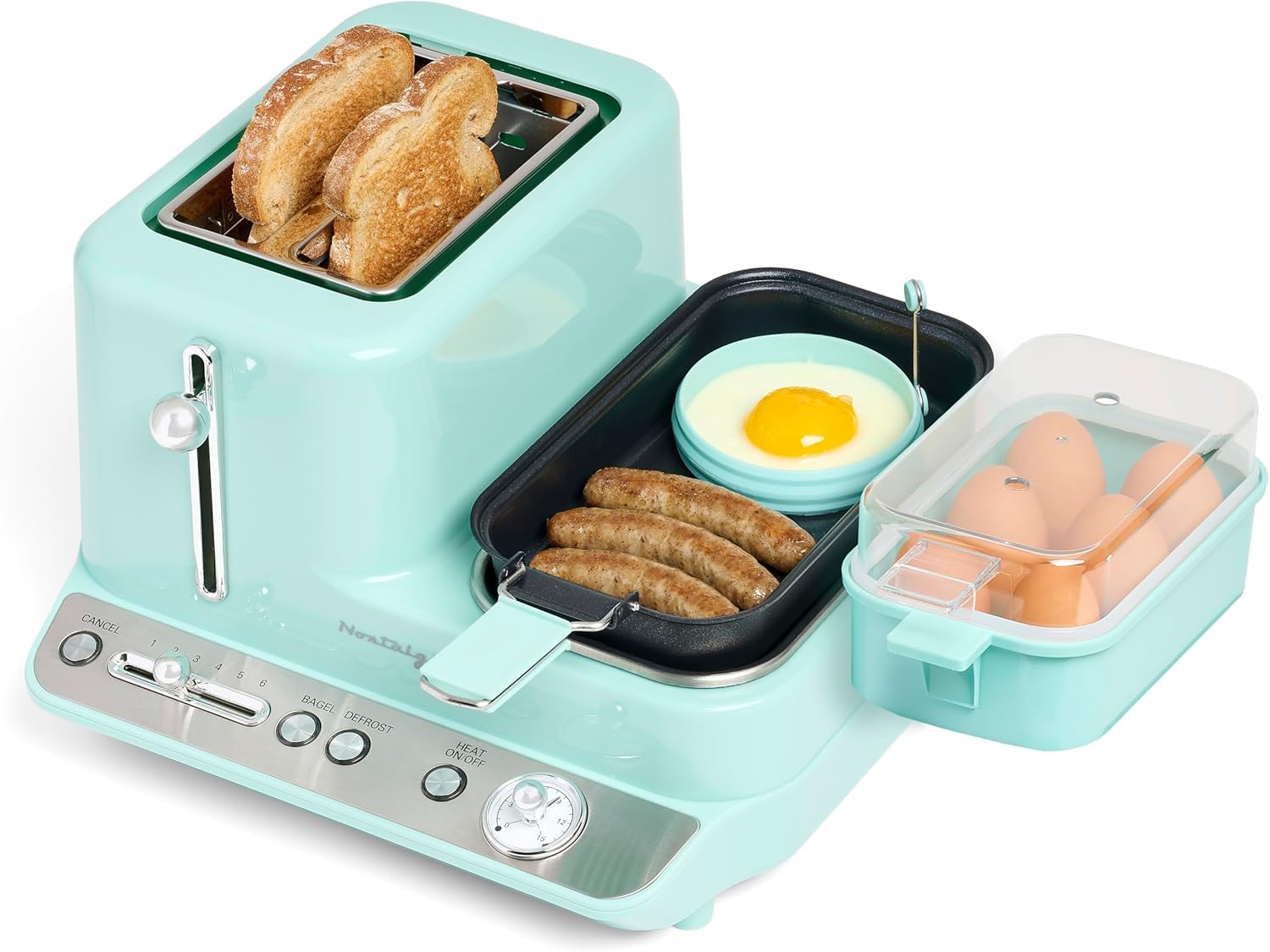 Nostalgia Classic Retro 3-in-1 Breakfast Station – Includes Egg and Veggie Steamer, Non-Stick Griddle, and Wide 2-Slot Toaster – Versatile Breakfast Maker Cooking Station with Toasting Control
