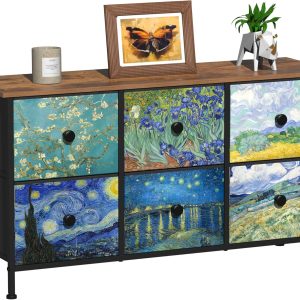 EXOTICA 6 Drawer Dresser for Bedroom Van Gogh Chest of Drawers Wide TV Stands Fabric Storage Drawer Unit for Living Room Entryway Closet Sturdy Steel Frame Wood Top