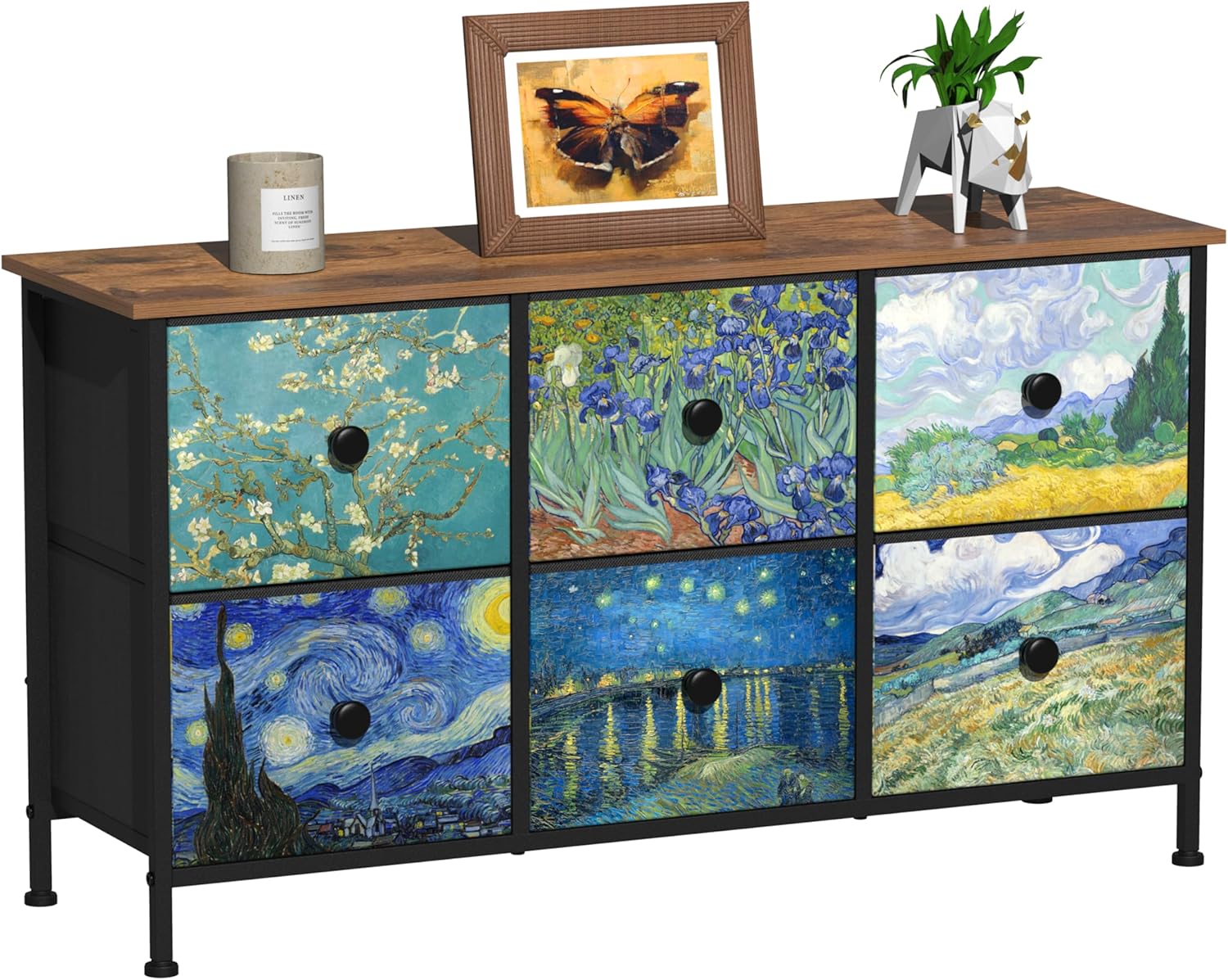 EXOTICA 6 Drawer Dresser for Bedroom Van Gogh Chest of Drawers Wide TV Stands Fabric Storage Drawer Unit for Living Room Entryway Closet Sturdy Steel Frame Wood Top