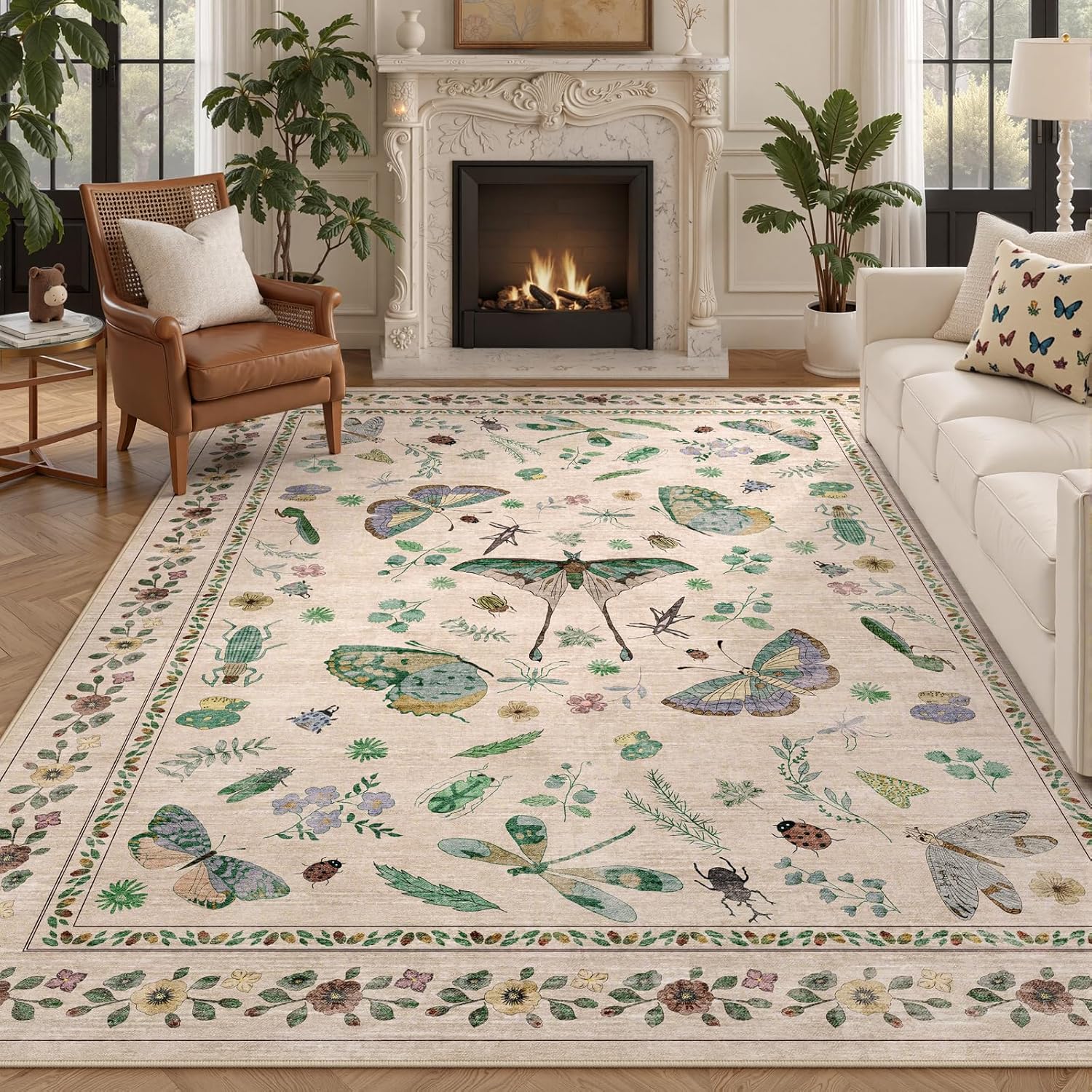 7x9 Low Pile Machine Washable Bug Rug - Indoor Non-Slip Insect Print Rug for Entryway, Living Room, Bedroom, Kitchen, Front Door, Laundry (7'x9' Beige Green)