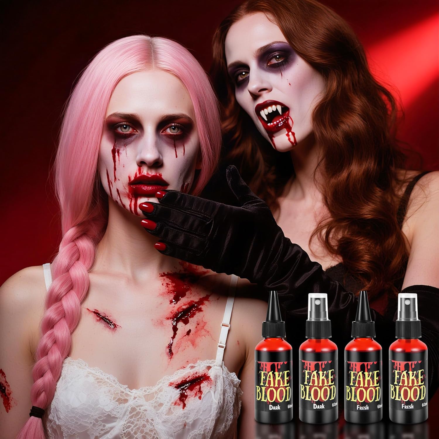 7 PCS Halloween Fake Blood Spray Makeup Kit - Fake Blood 2.1oz X4 + Coagulated Blood Gel 1.41oz + Soap + Sponge, Washable Blood Paint for Clothes SFX Makeup Vampire Accessories, Dark & Fresh - Image 4
