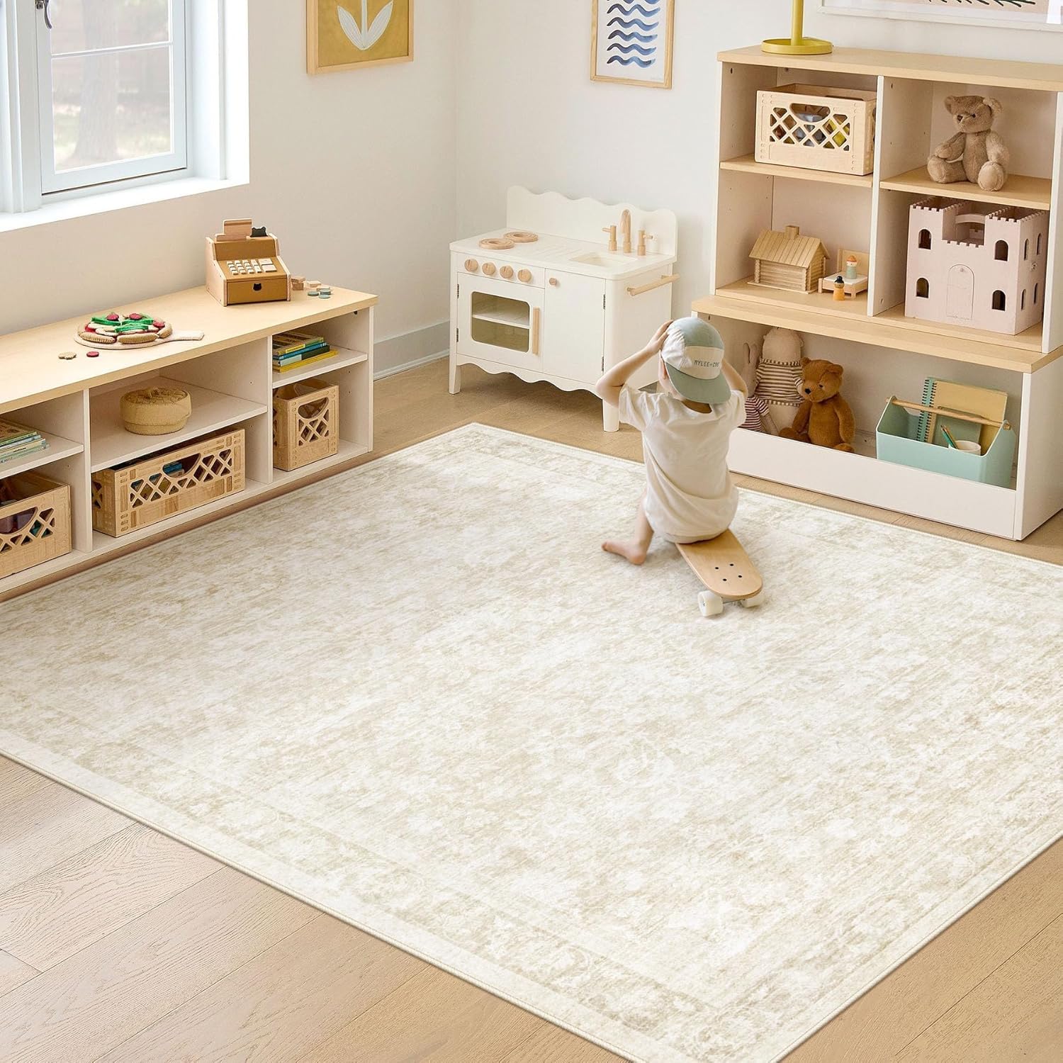 5x7 Area Rugs for Living Room: Washable Vintage Floral Rug Low Pile Non-Slip Boho Carpet for Bedroom Nursery Dining Room (Beige, 5'x7') - Image 5