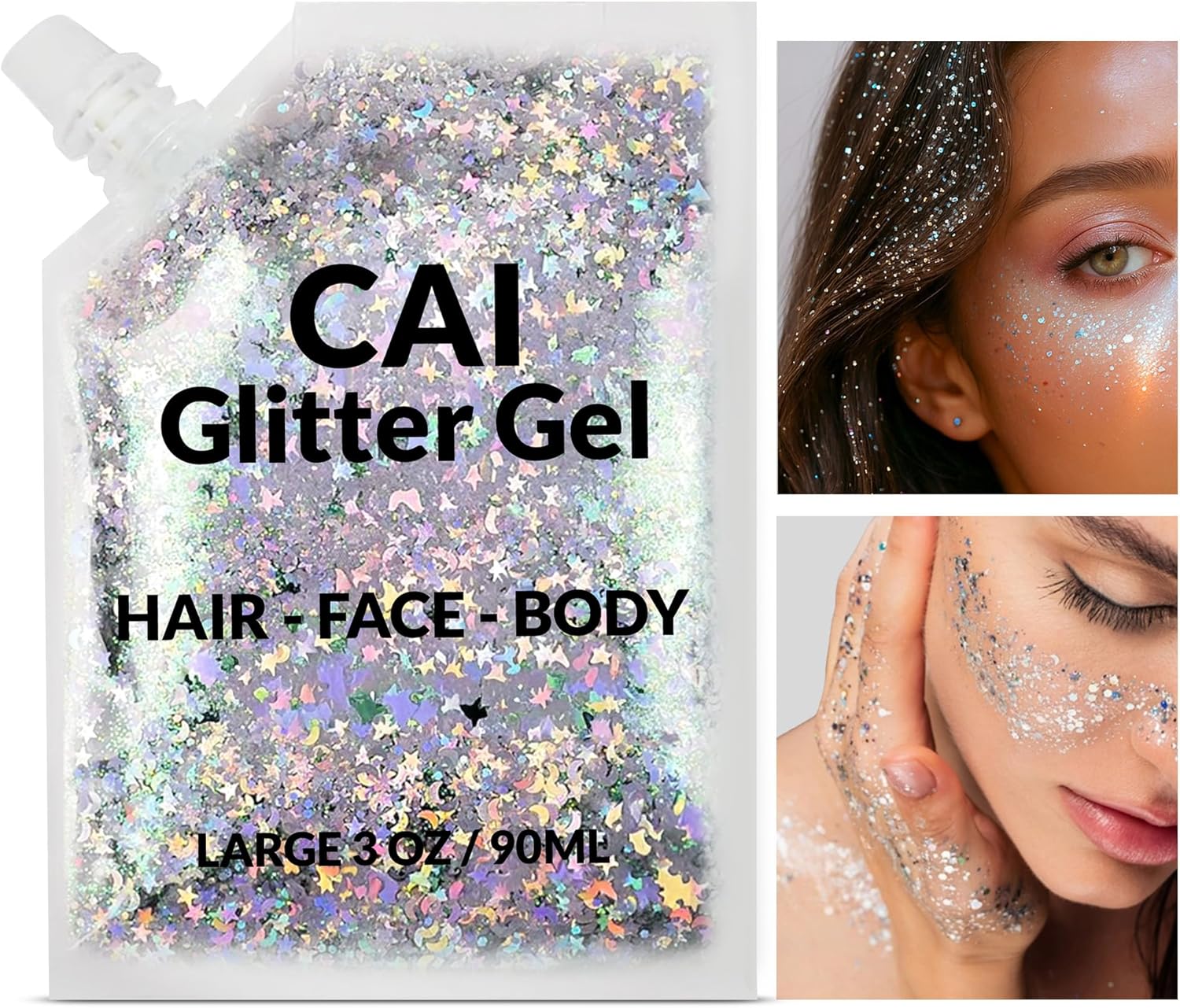 Face, Body & Hair Glitter Gel – Halloween Glitter for Kids and Women – 3 Oz Cosmetic-Grade Gel w/Moon & Stars for Festivals & Halloween Party, Easy Apply & Wash Off - Silver 1Pack - Image 2